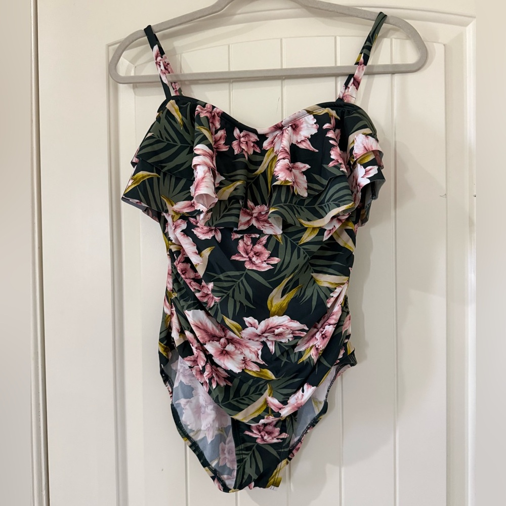 Kona Sol Floral Swimsuit with Ruffle Accents